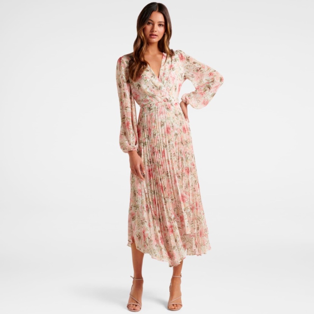 Ever New Destiny Pleated Floral Long Sleeve Pleated Midi Dress